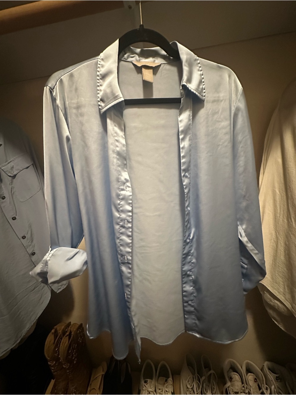 H&M Pale Blue Satin Open-Front Button-Down Shirt
